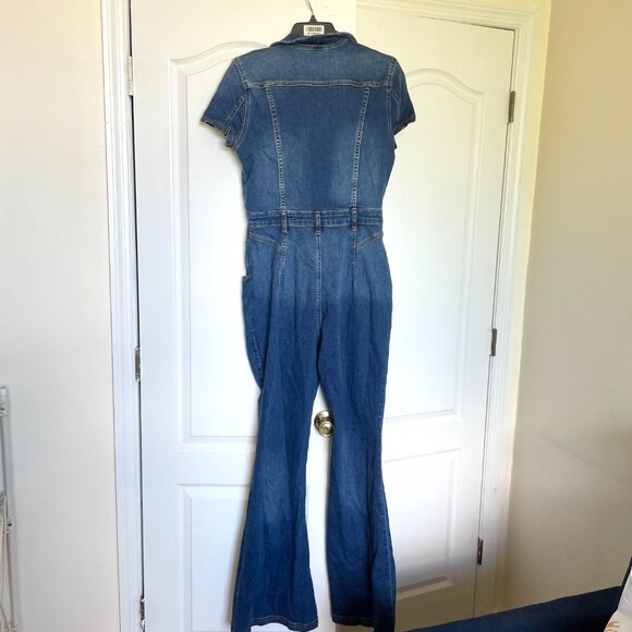 We the Free CRVY Dark Wash Denim Short Sleeve Zip Up Flare Jumpsuit - Picture 6 of 8